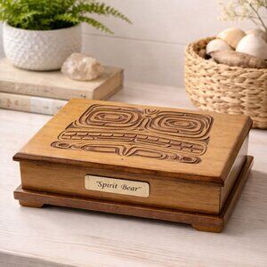 Hand-Carved Wooden Spirit Bear Trinket Box With Hinged Lid & Engraved Plaque